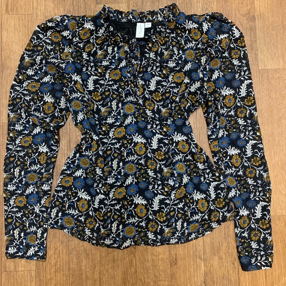 Joie Swiss Dot Floral Print Ruffled Split Tie Neck Blouse Puff Sleeves Size S - Picture 1 of 14